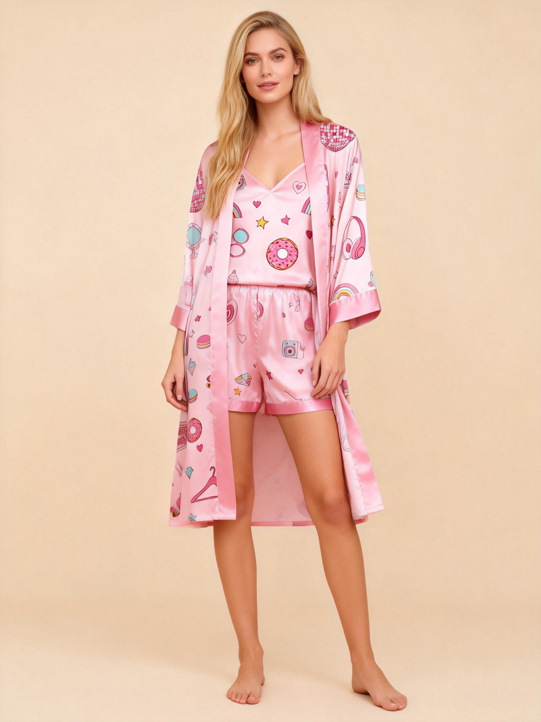 Elegant Satin 3-Piece Loungewear Set with Cartoon Pattern Design