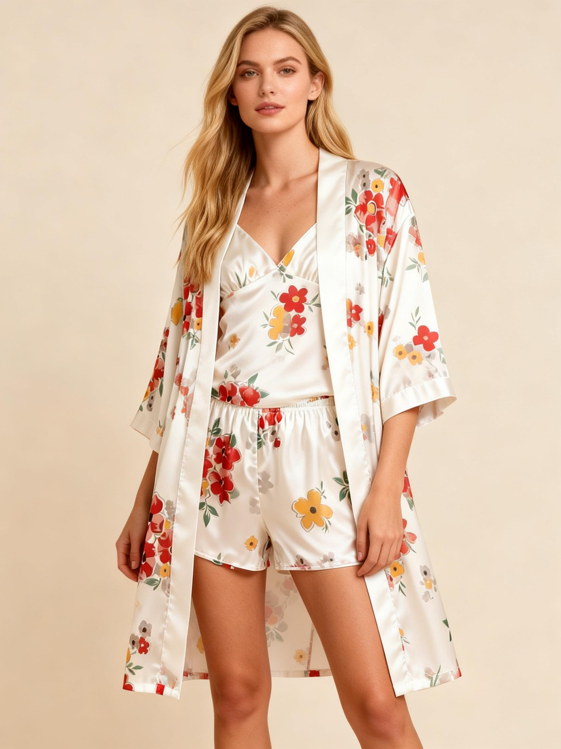 3-Piece Satin Pajama Set - Flower Print Robe, Camisole & Shorts