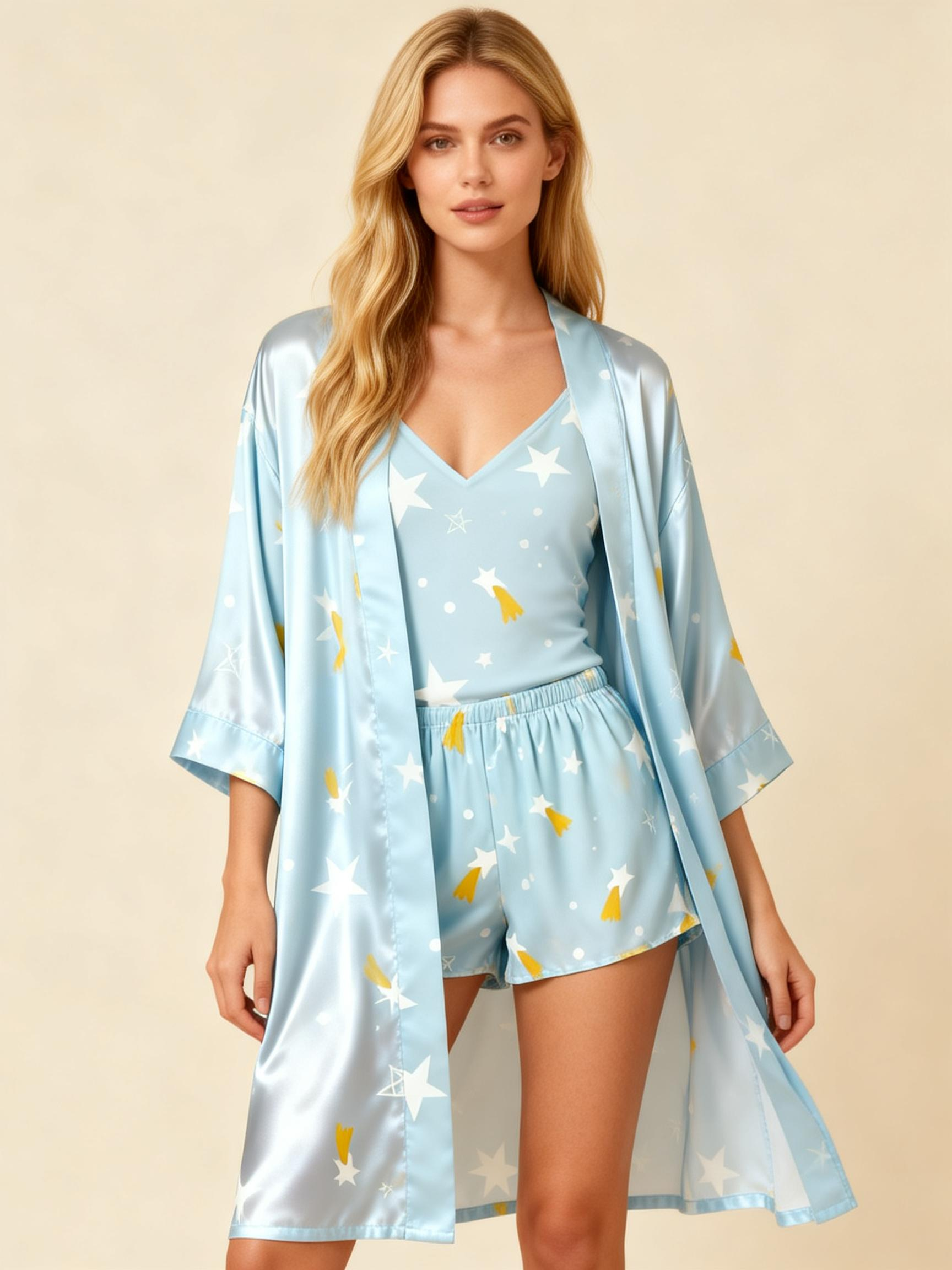 Elegant Satin Loungewear Trio with Simple Stars Design