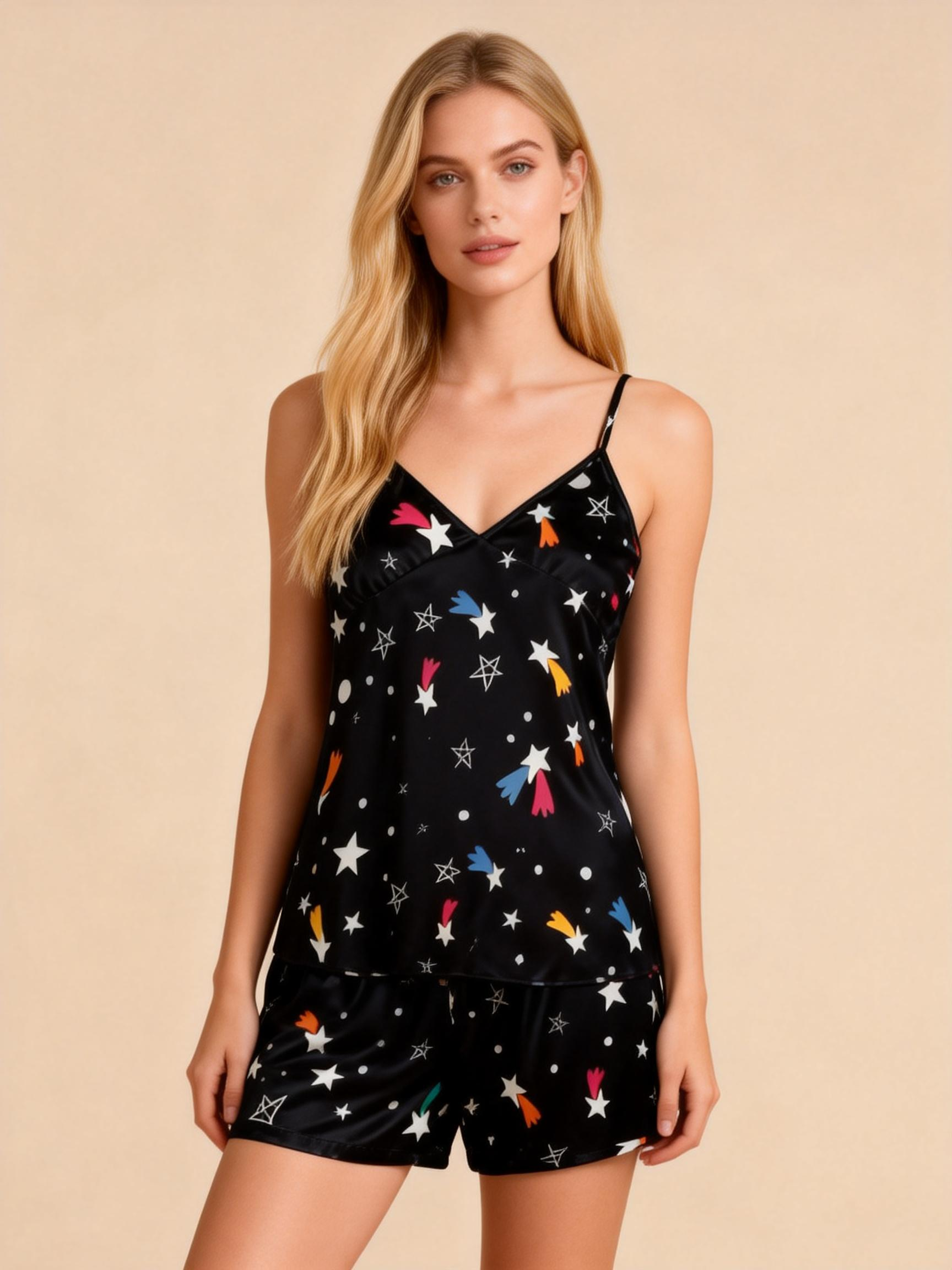 Elegant Satin Black Loungewear Trio with Colorful Star Design
