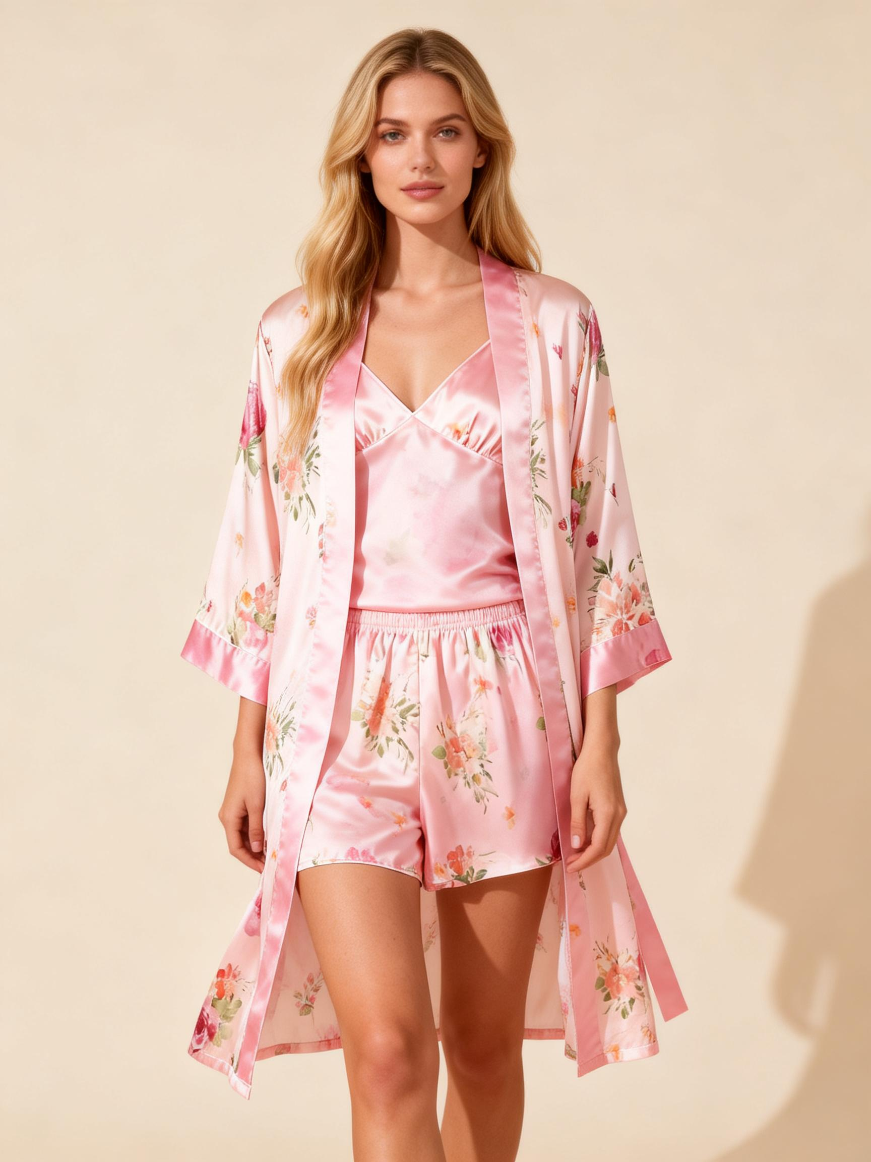 Elegant Satin Loungewear Trio with Romantic Pink Florals Design
