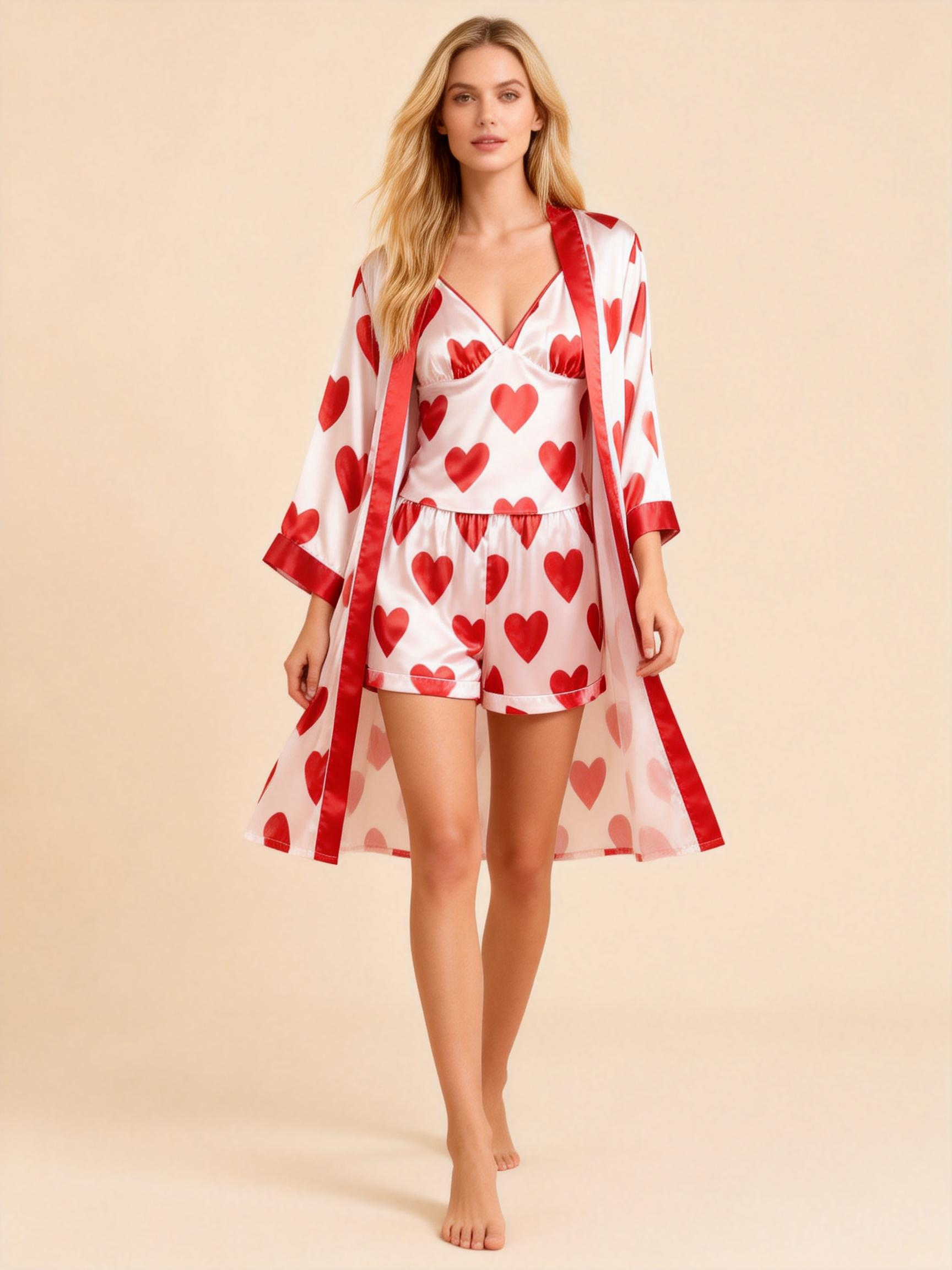 Elegant Satin 3-Piece Loungewear Set with Romantic Heart Design