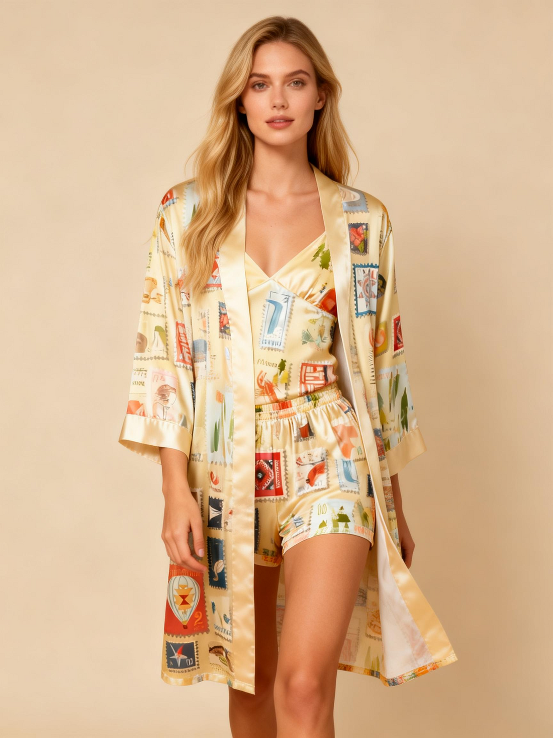 Elegant Satin Loungewear Trio with Vintage Stamp Motif