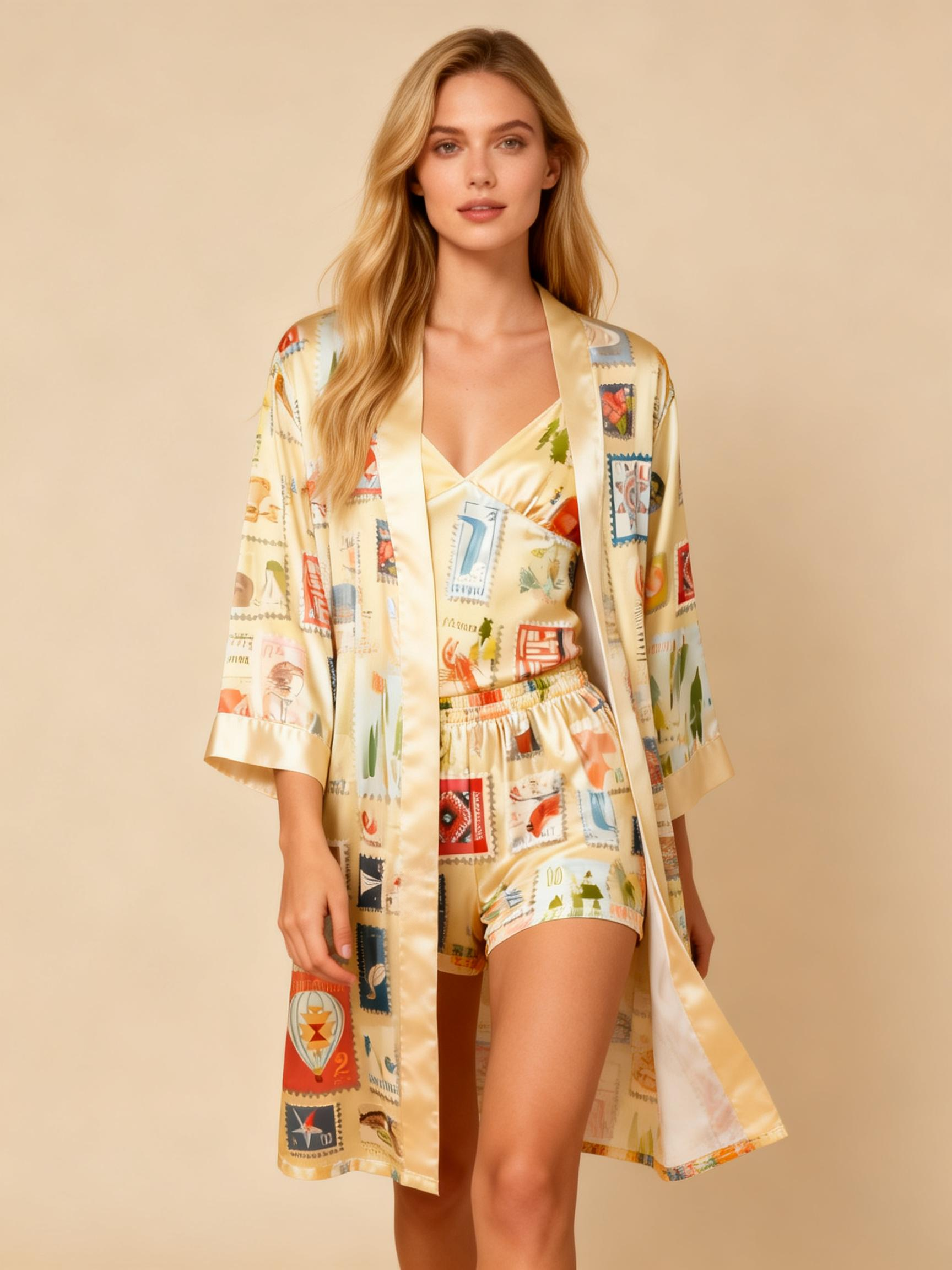 Elegant Satin Loungewear Trio with Vintage Stamp Motif