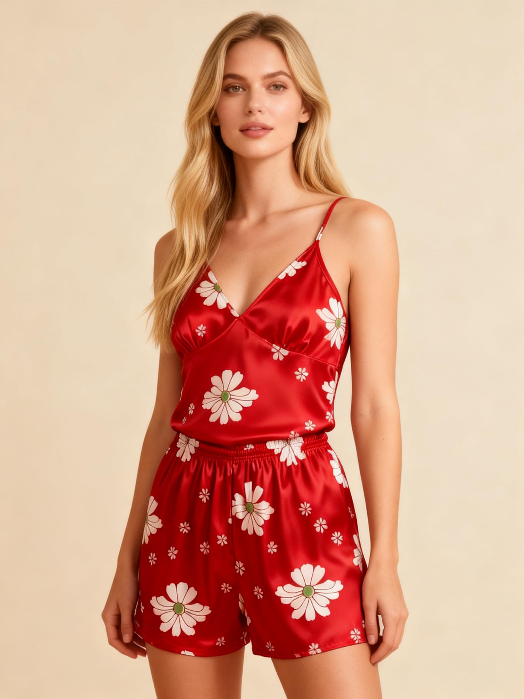 Elegant Red Satin Loungewear Trio with Florals Design