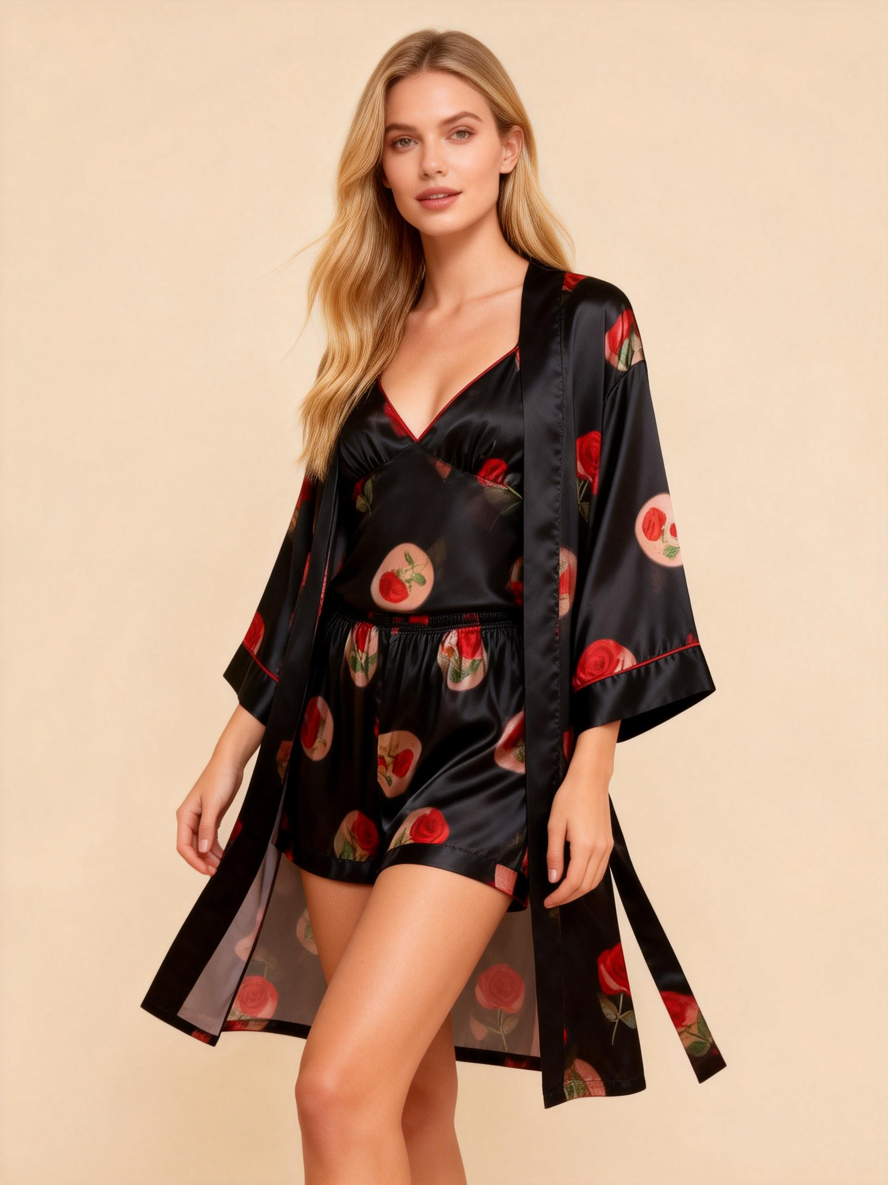 Floral Satin 3-Piece Sleepwear Set for Women - Robe, Camisole & Shorts