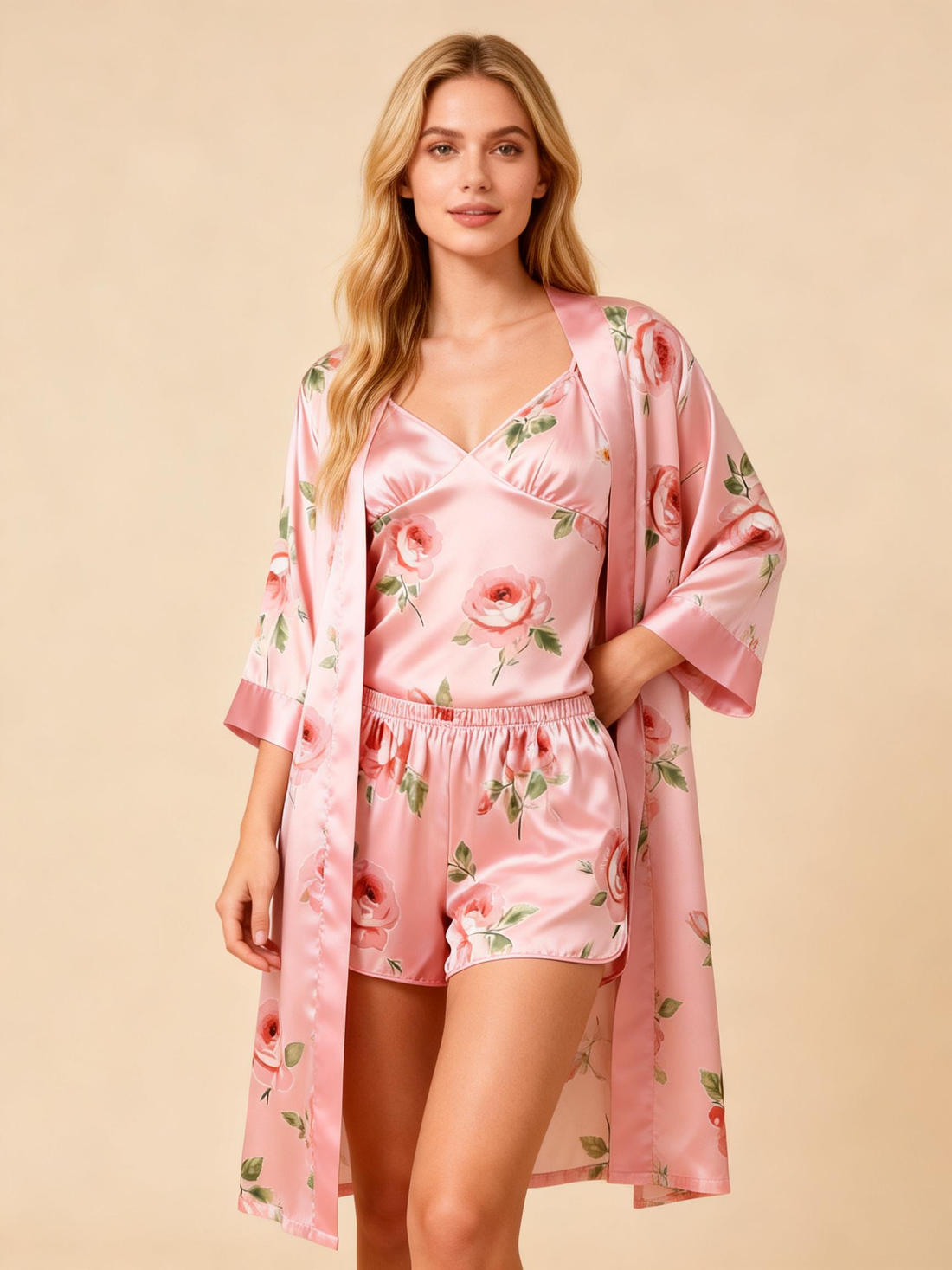 Chic Satin 3-Piece Pajama Set Featuring Romantic Rose Designs