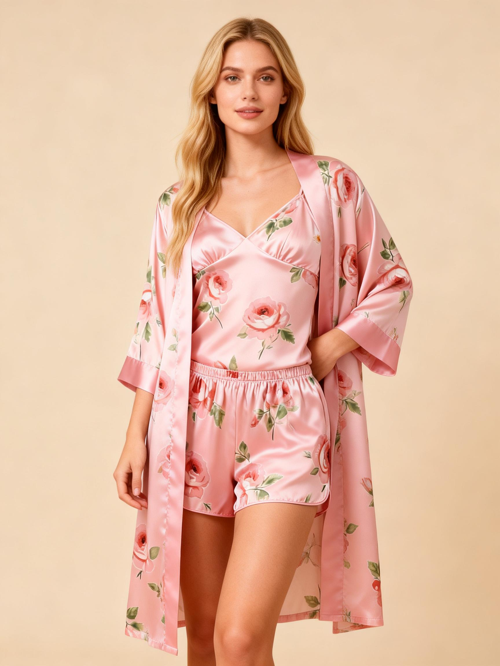 Chic Satin 3-Piece Pajama Set Featuring Romantic Rose Designs