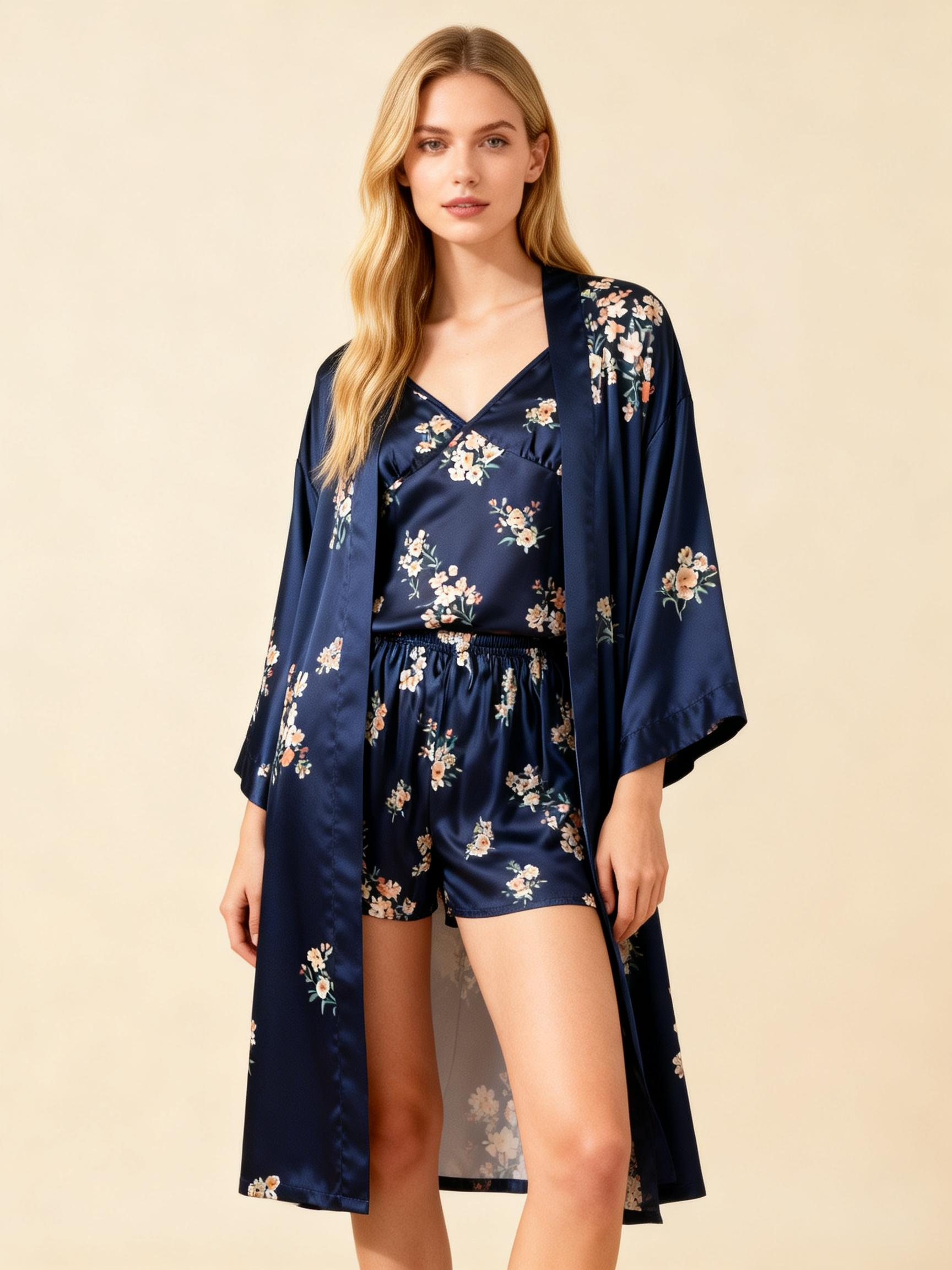 Chic Navy Satin 3-Piece Pajama Set Featuring Floral Designs