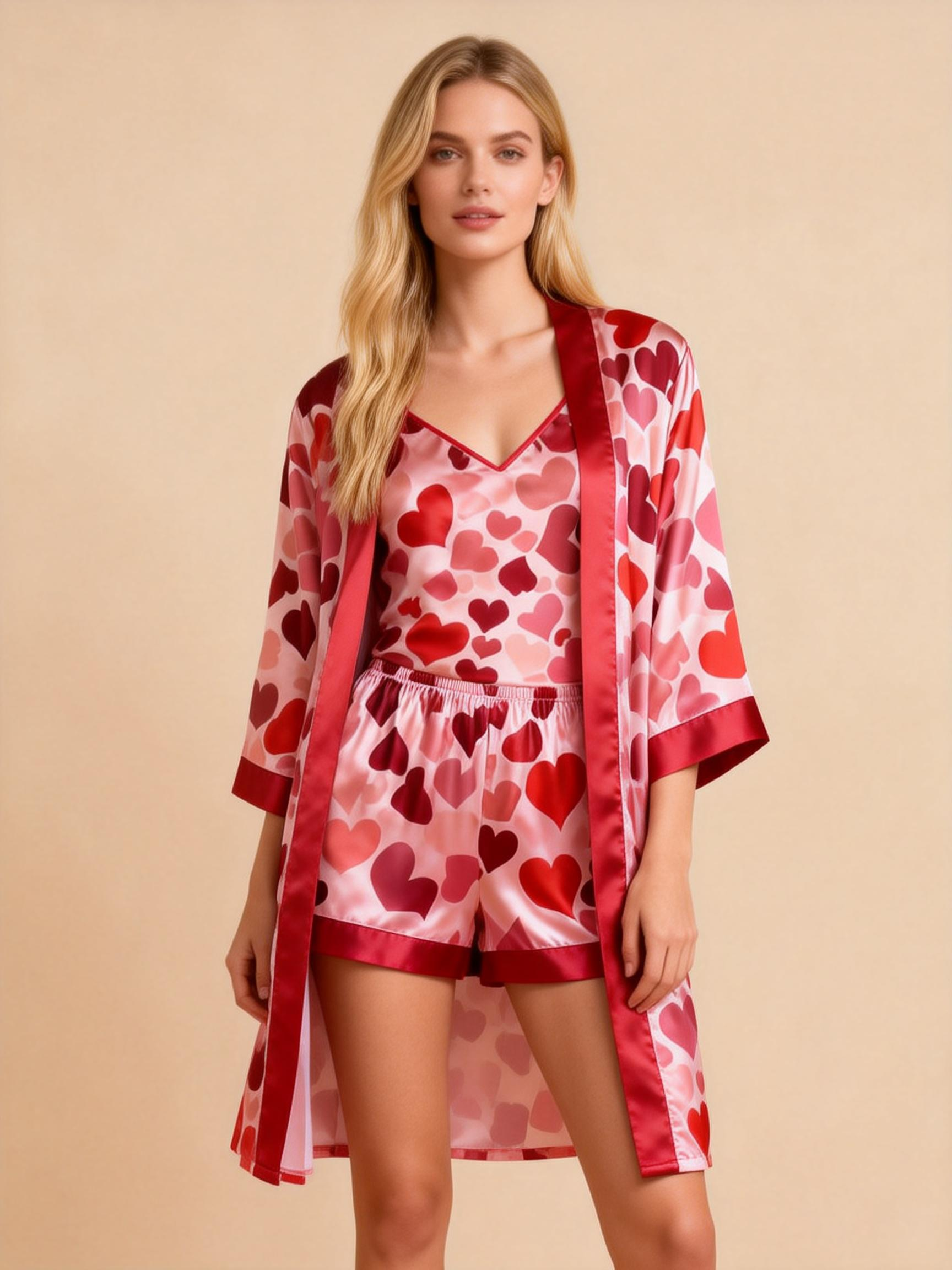 Elegant Satin 3-Piece Loungewear Set with Romantic Midnight Design