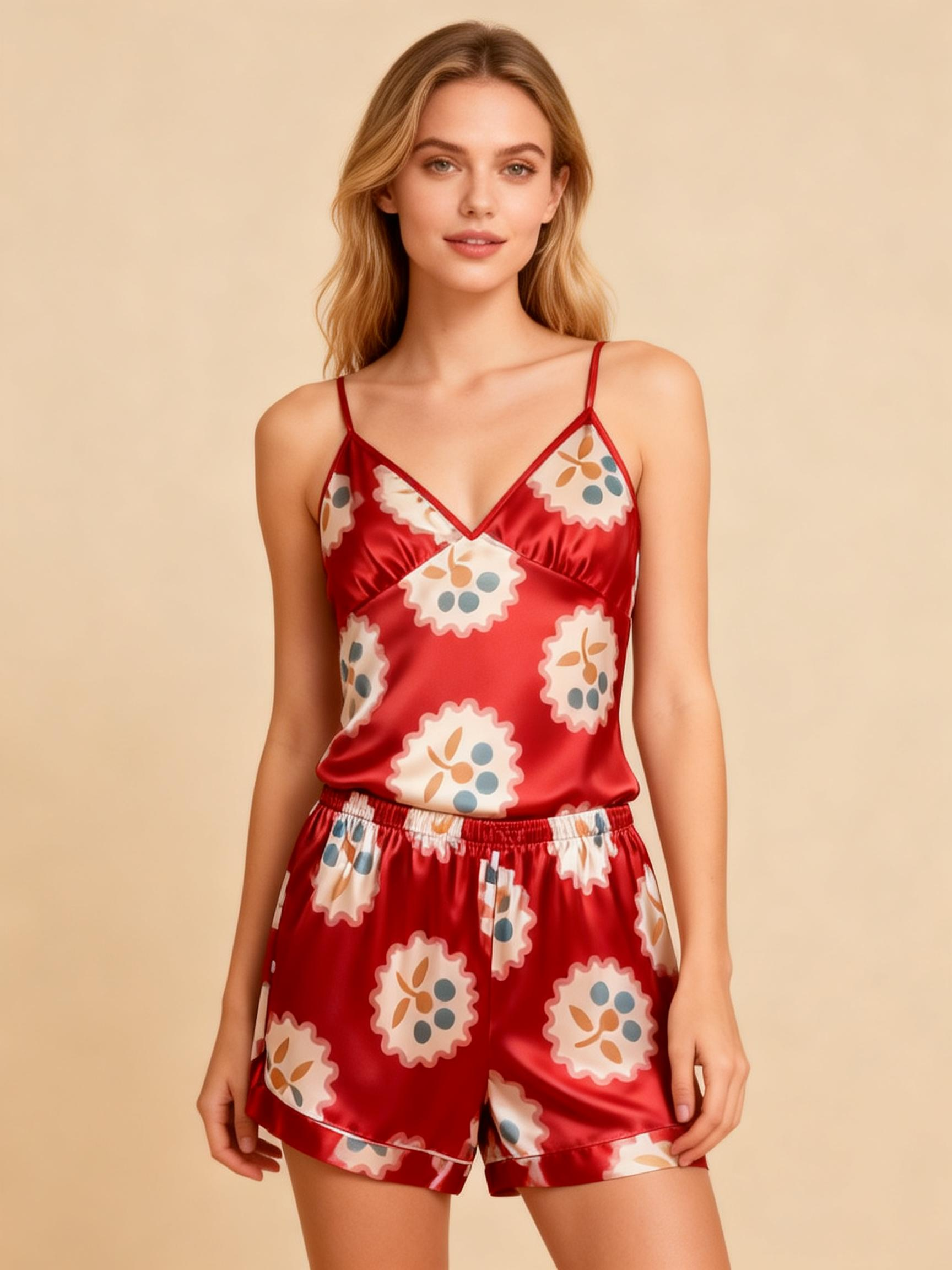 Elegant Satin Red Loungewear Trio in Romantic Style