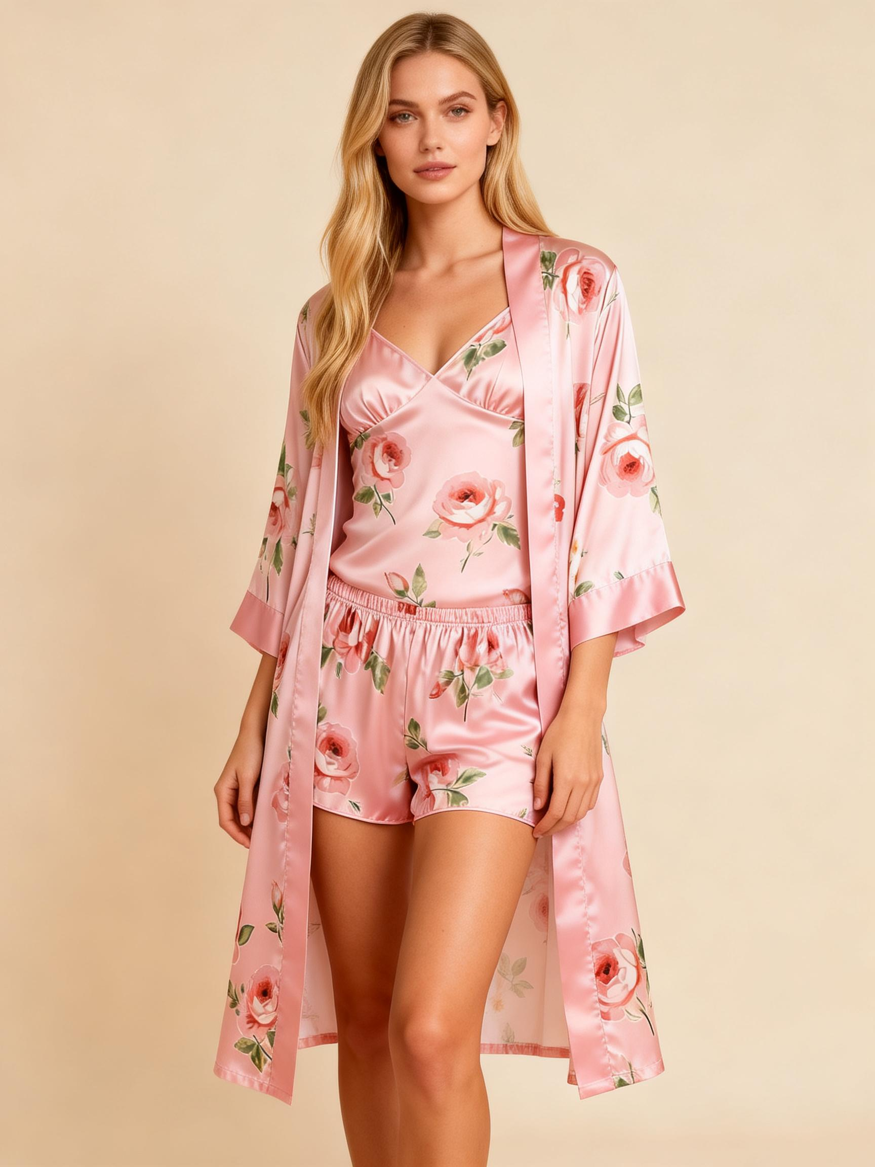 Chic Satin 3-Piece Pajama Set Featuring Romantic Rose Designs
