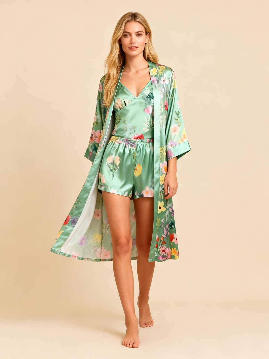 Chic Green Satin 3-Piece Pajama Set Featuring Floral Designs