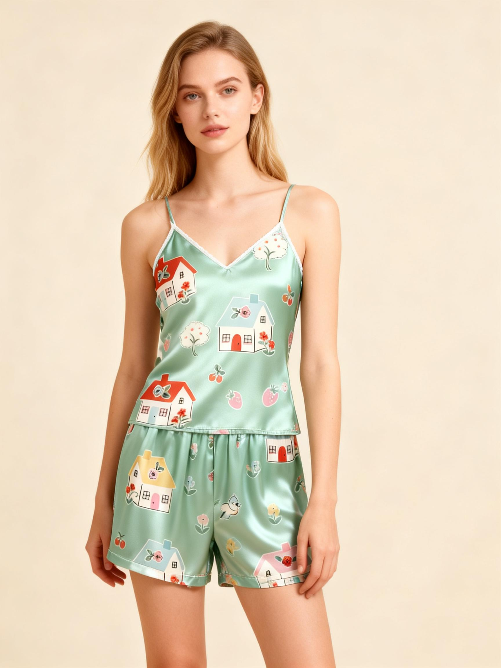 Elegant Satin Light Green Loungewear Trio with Lovely House Motif