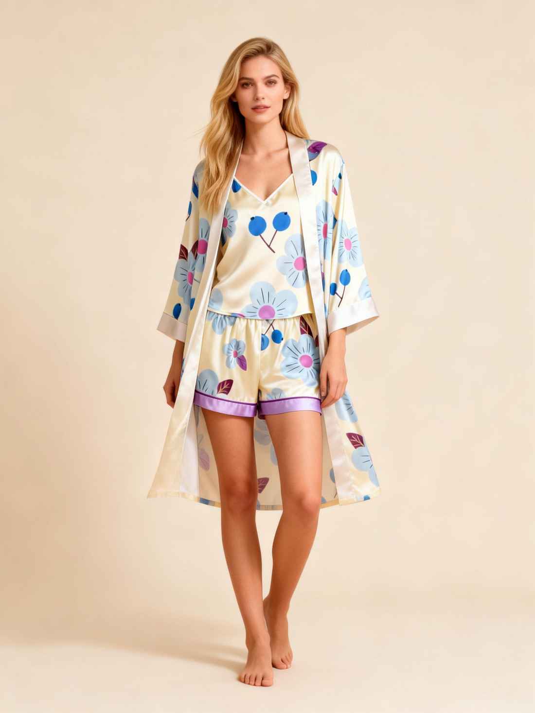 Elegant Satin 3-Piece Loungewear Set with Blue Floral Design