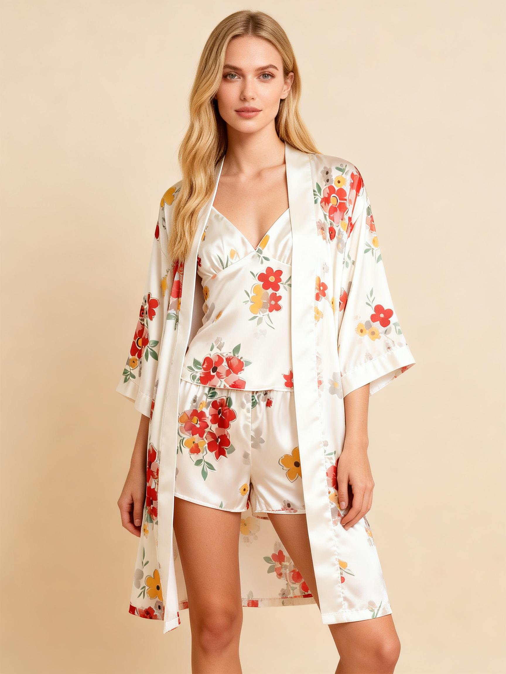 3-Piece Satin Pajama Set - Flower Print Robe, Camisole & Shorts