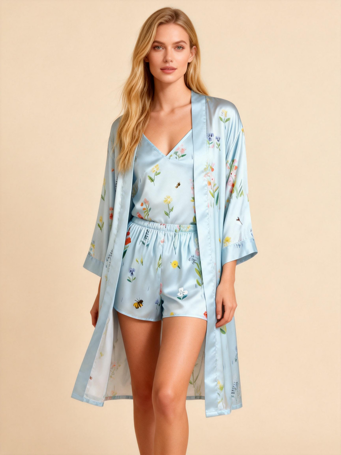 Elegant Satin Light Blue Loungewear Trio with Florals Motif