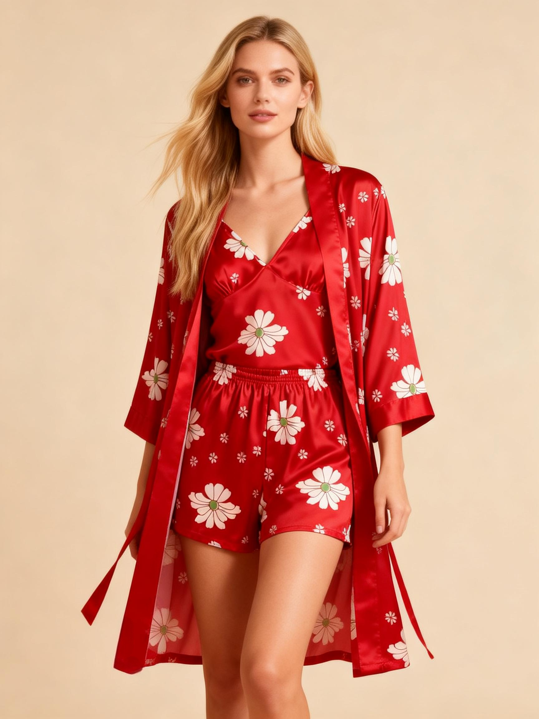 Elegant Red Satin Loungewear Trio with Florals Design