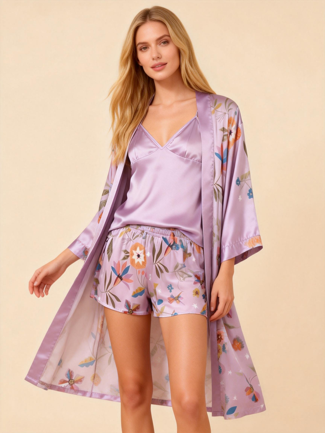 Elegant Satin Purple Loungewear Trio with Florals Motif