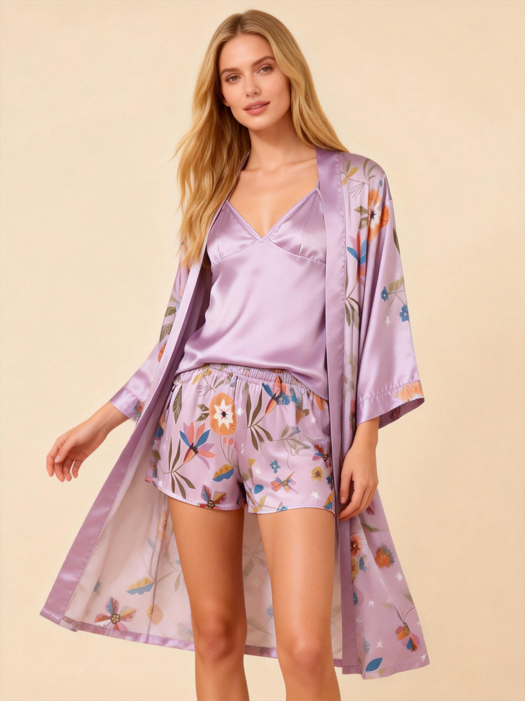 Elegant Satin Purple Loungewear Trio with Florals Motif
