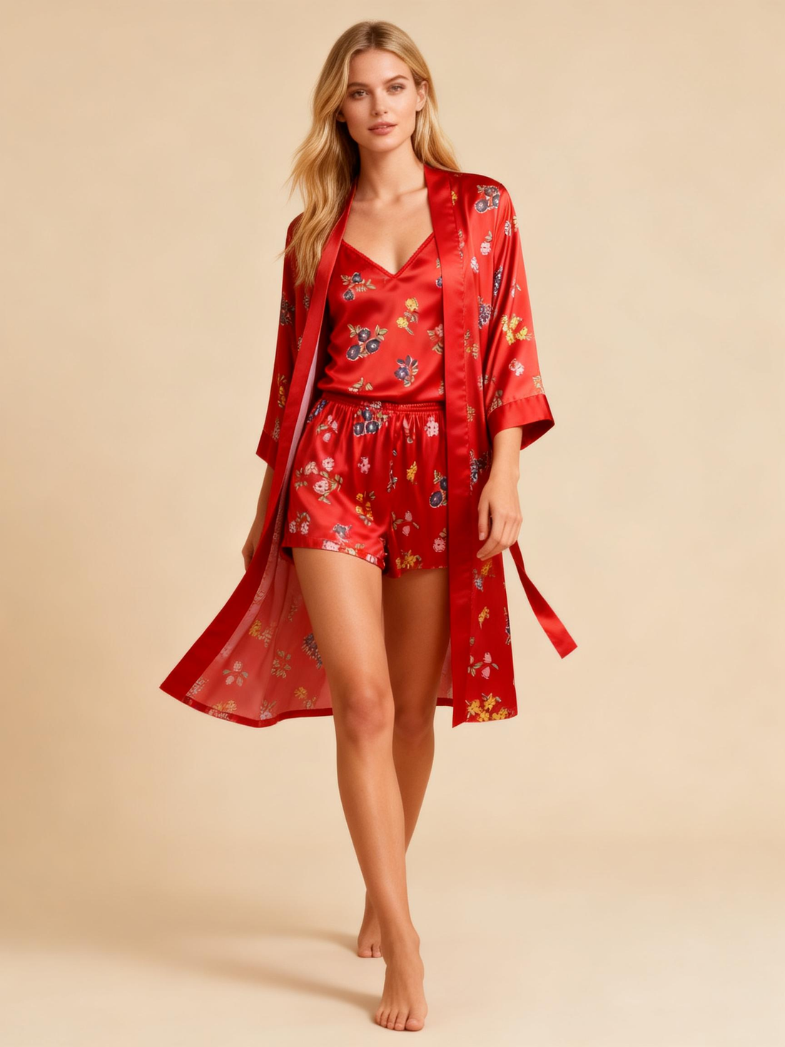 Chic Satin 3-Piece Pajama Set Featuring Floral Designs