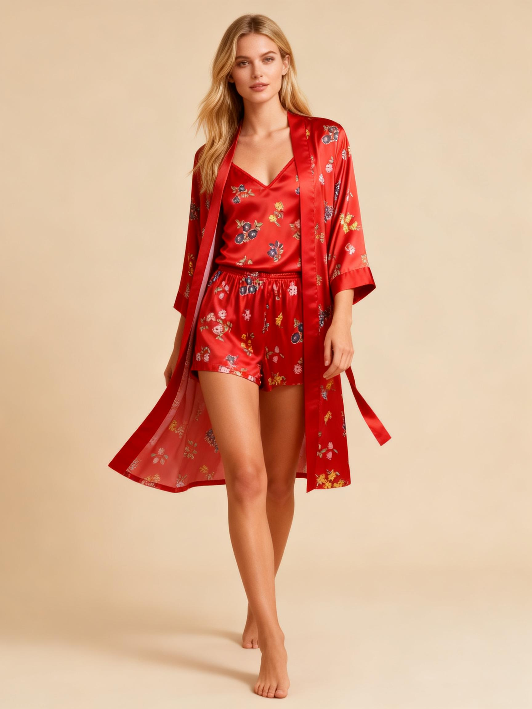 Chic Satin 3-Piece Pajama Set Featuring Floral Designs