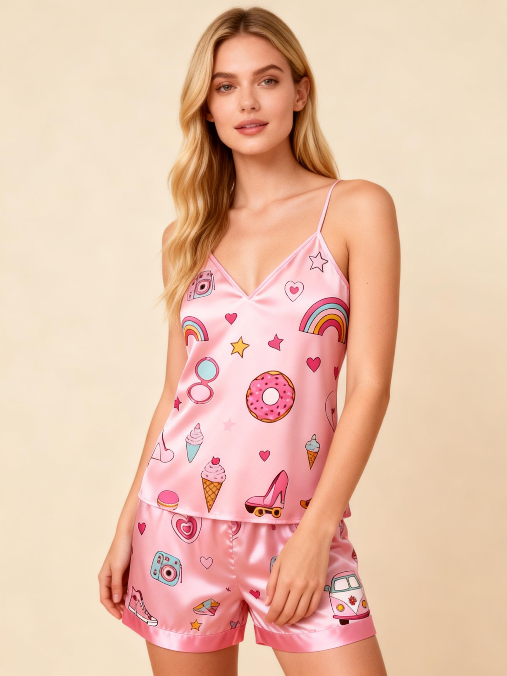 Elegant Satin 3-Piece Loungewear Set with Cartoon Pattern Design