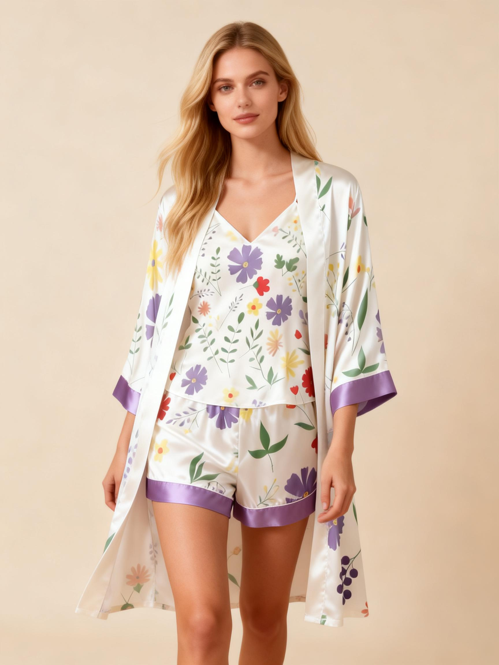 Elegant Satin 3-Piece Loungewear Set with Colorful Floral Pattern