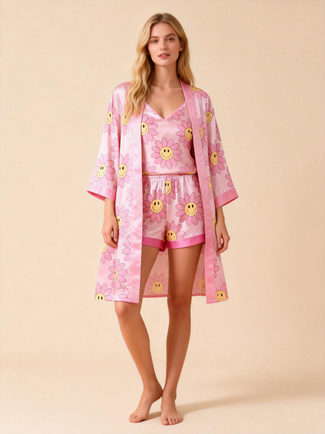 Elegant Satin 3-Piece Loungewear Set with Pink Floral Pattern