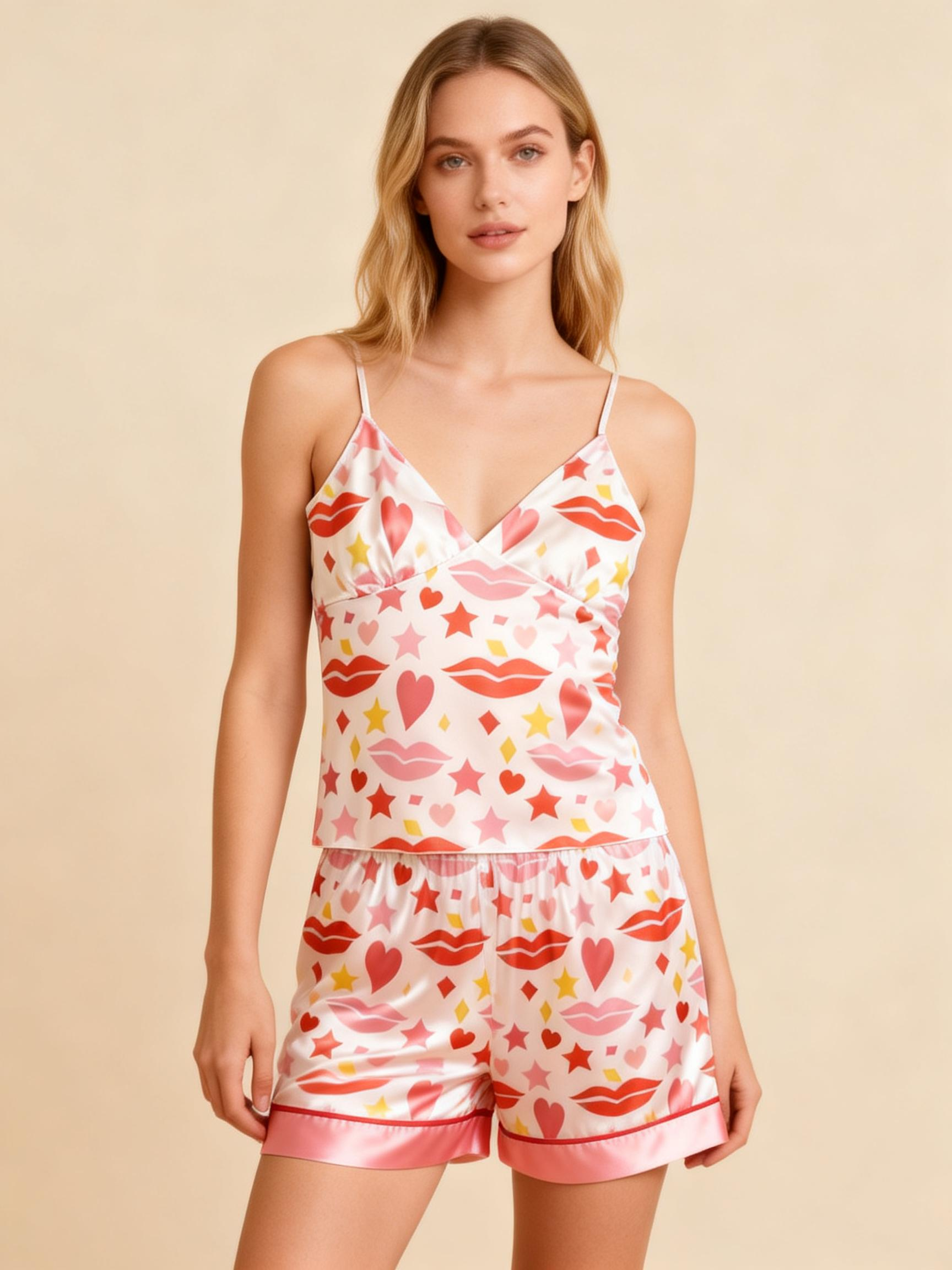 Women's Premium Satin Sleep Set Featuring Romantic Kiss Print