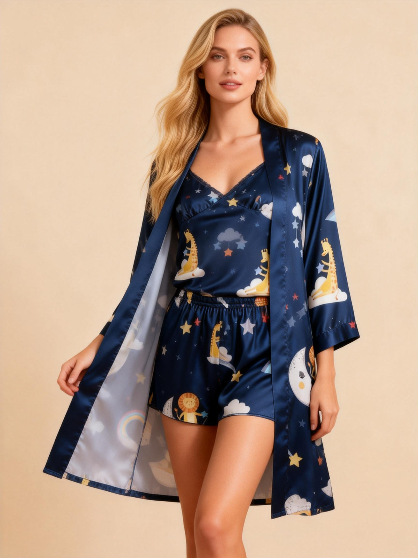 Elegant Satin Navy Loungewear Trio with Lovely Animals Motif