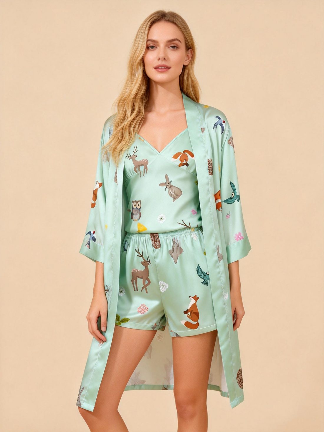 Elegant Satin Loungewear Trio in Pale Green Style