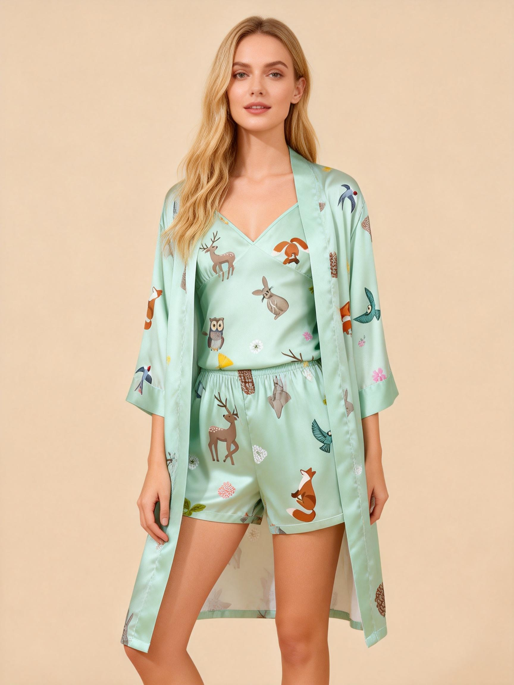 Elegant Satin Loungewear Trio in Pale Green Style