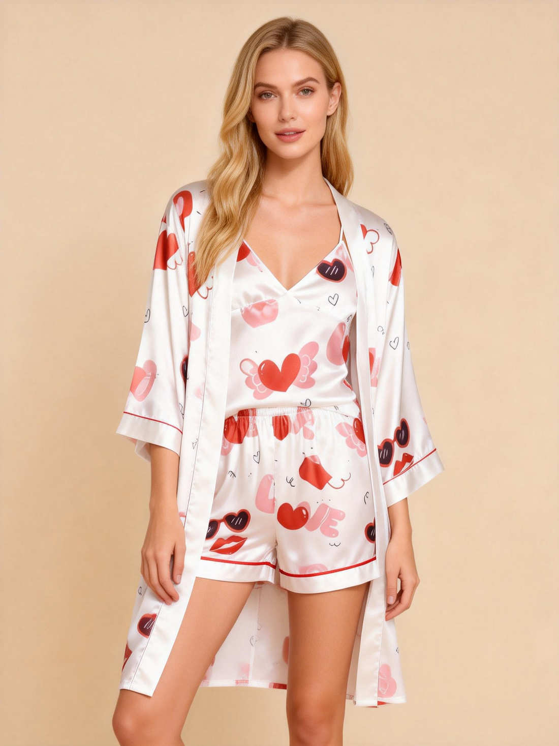 Elegant Satin 3-Piece Loungewear Set with Playful Kiss Pattern