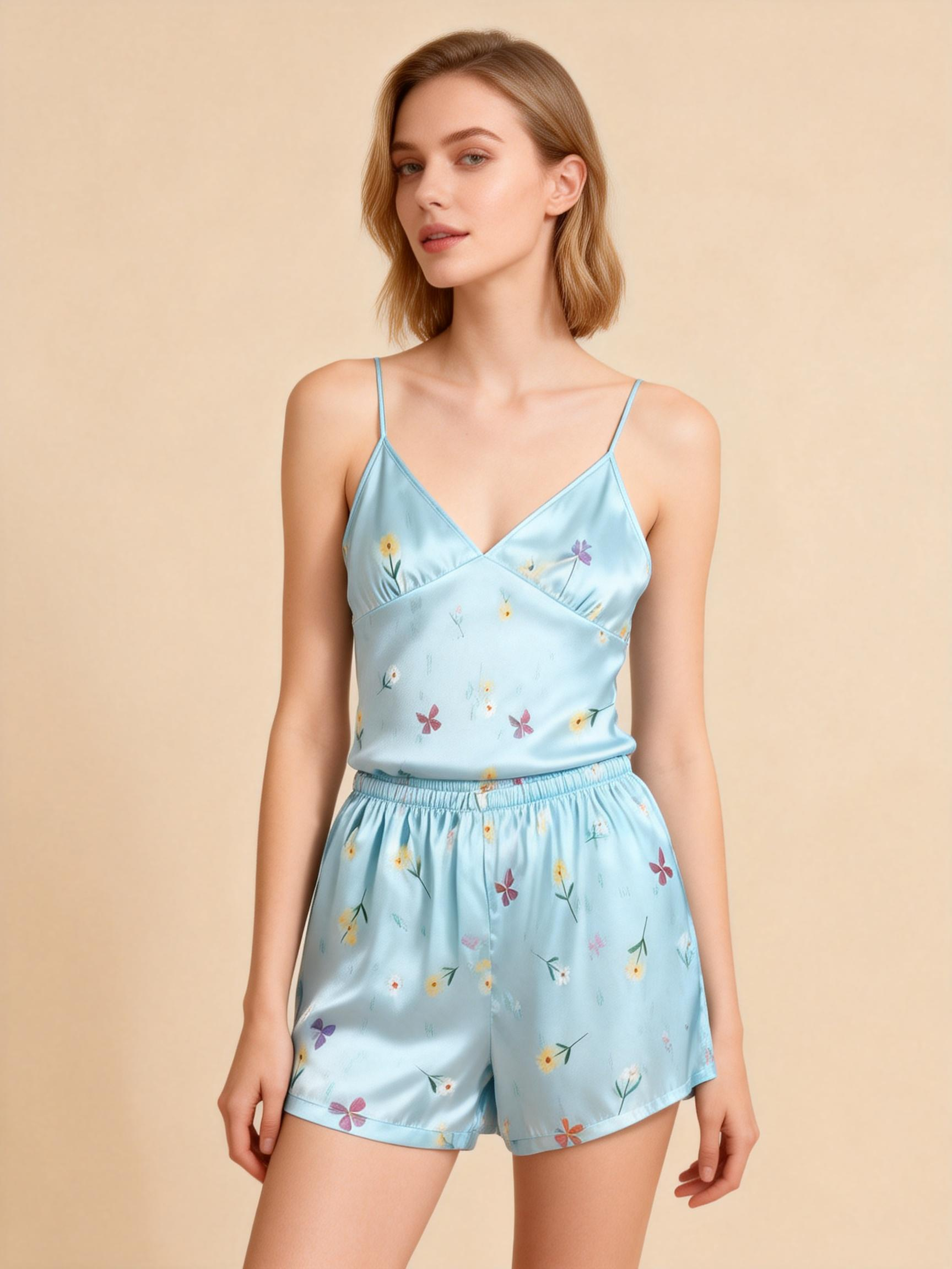 Elegant Satin Loungewear Trio with Dainty Floral Design