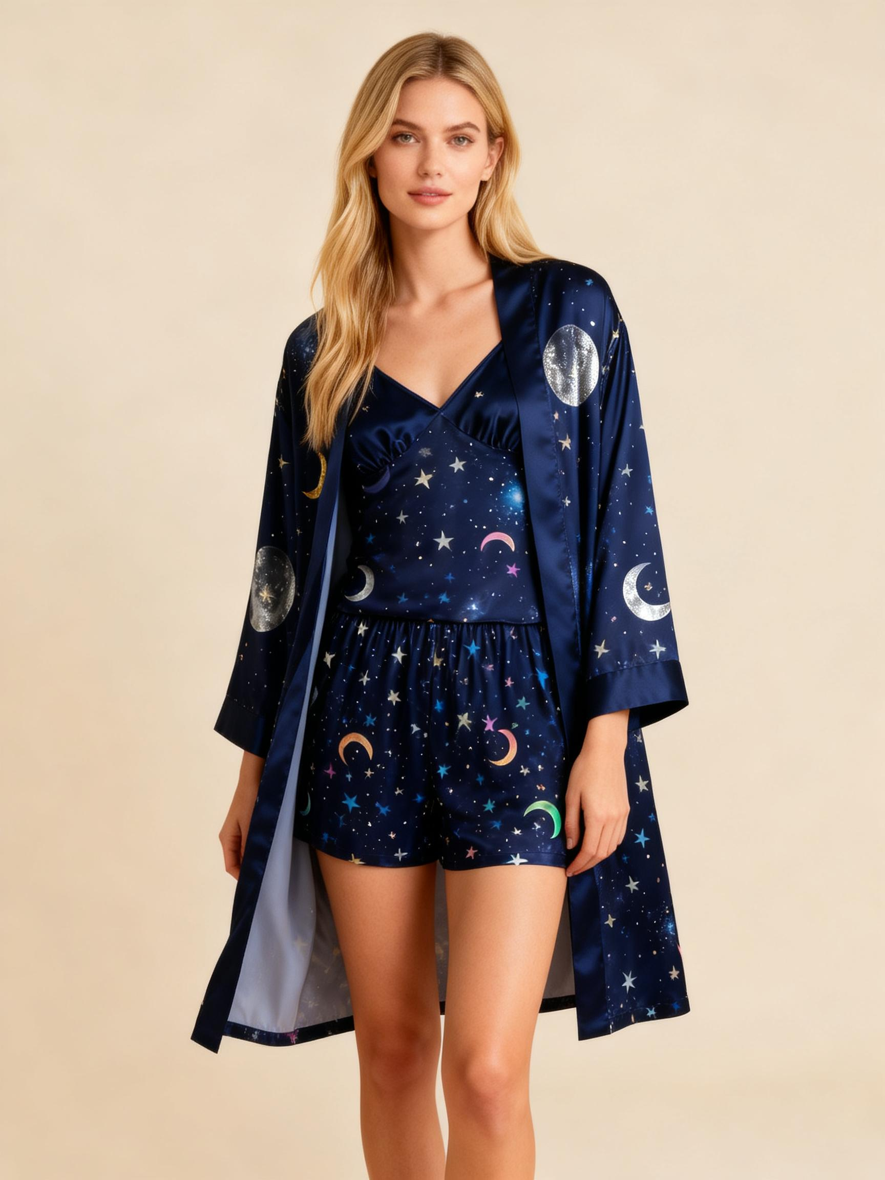 Chic Navy Satin 3-Piece Pajama Set Featuring Twinkling Stars Designs
