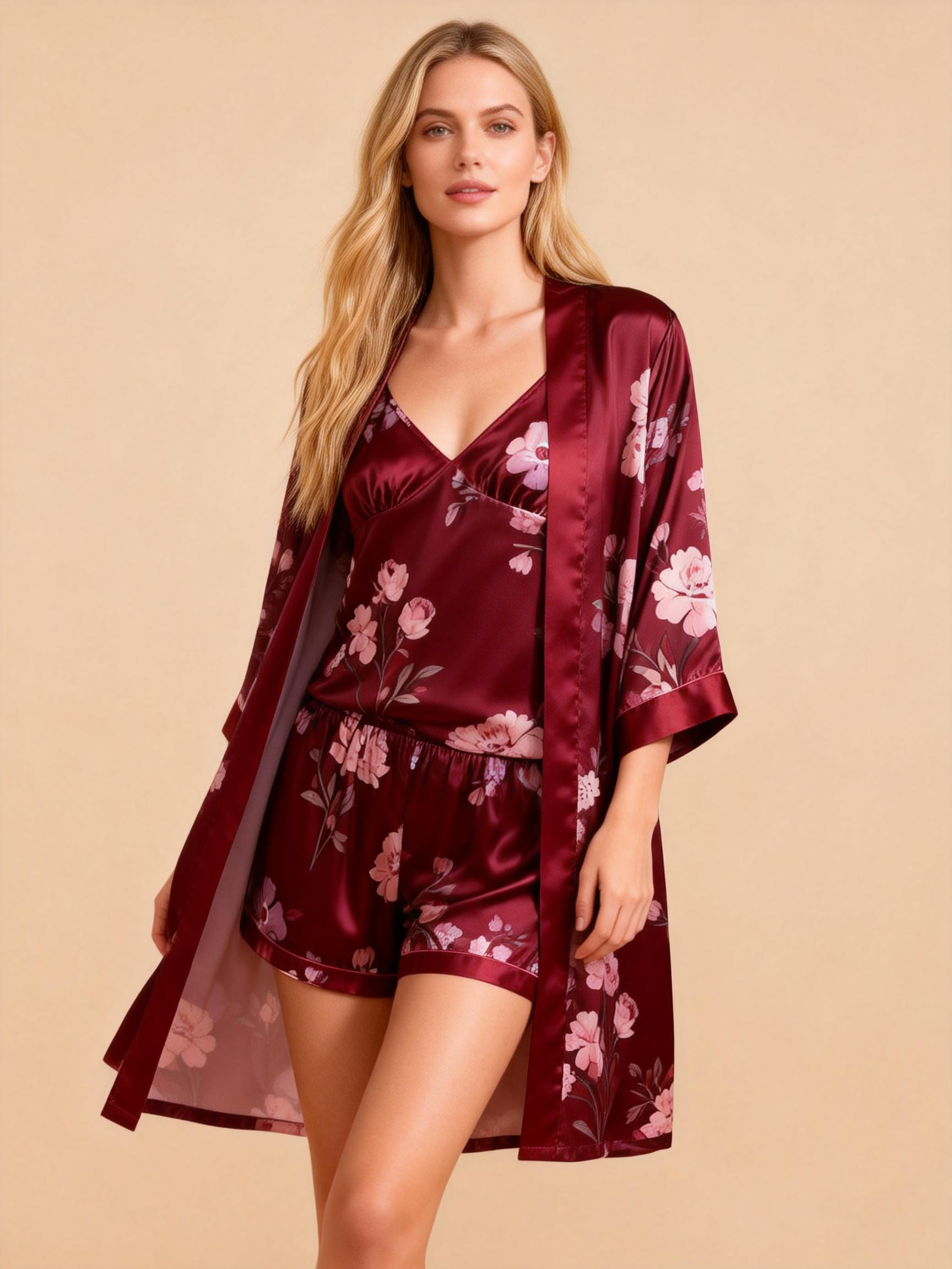 Elegant Satin Red Loungewear Trio with Romantic Florals Motif