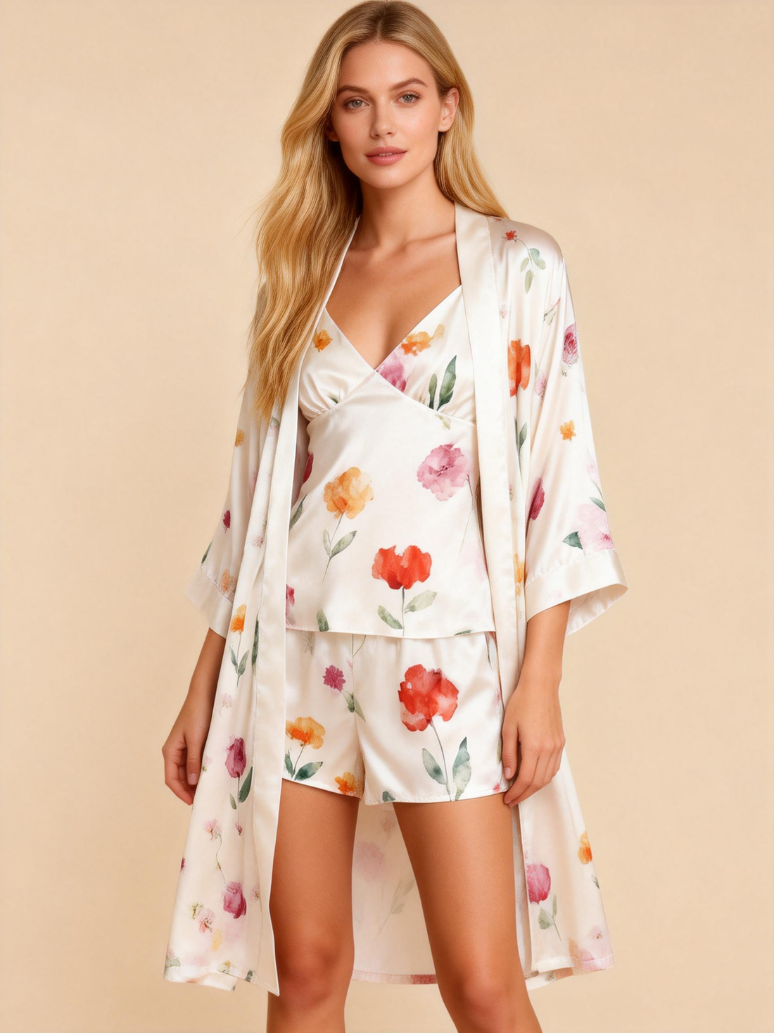 Women's Satin Sleepwear Set - Floral Robe, Cami Top, and Shorts