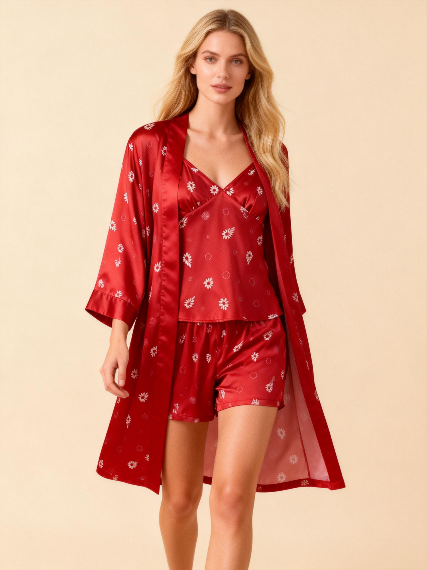 Elegant Satin Loungewear Trio in Midnight Romantic Style