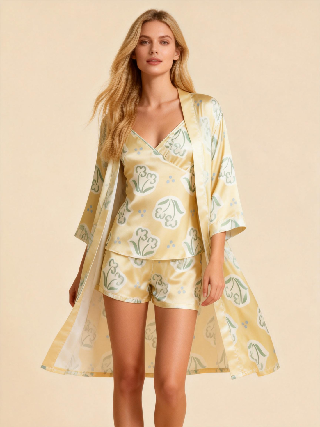 Printed Satin Sleep Set - 3 Pieces Women's Pajamas