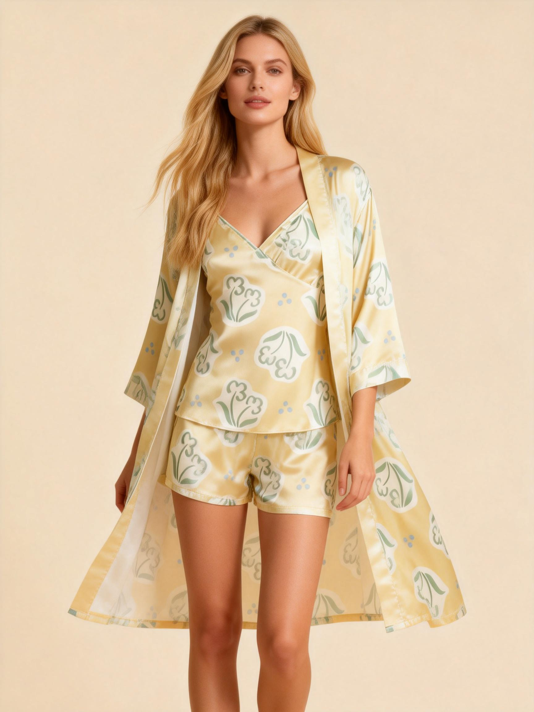 Printed Satin Sleep Set - 3 Pieces Women's Pajamas