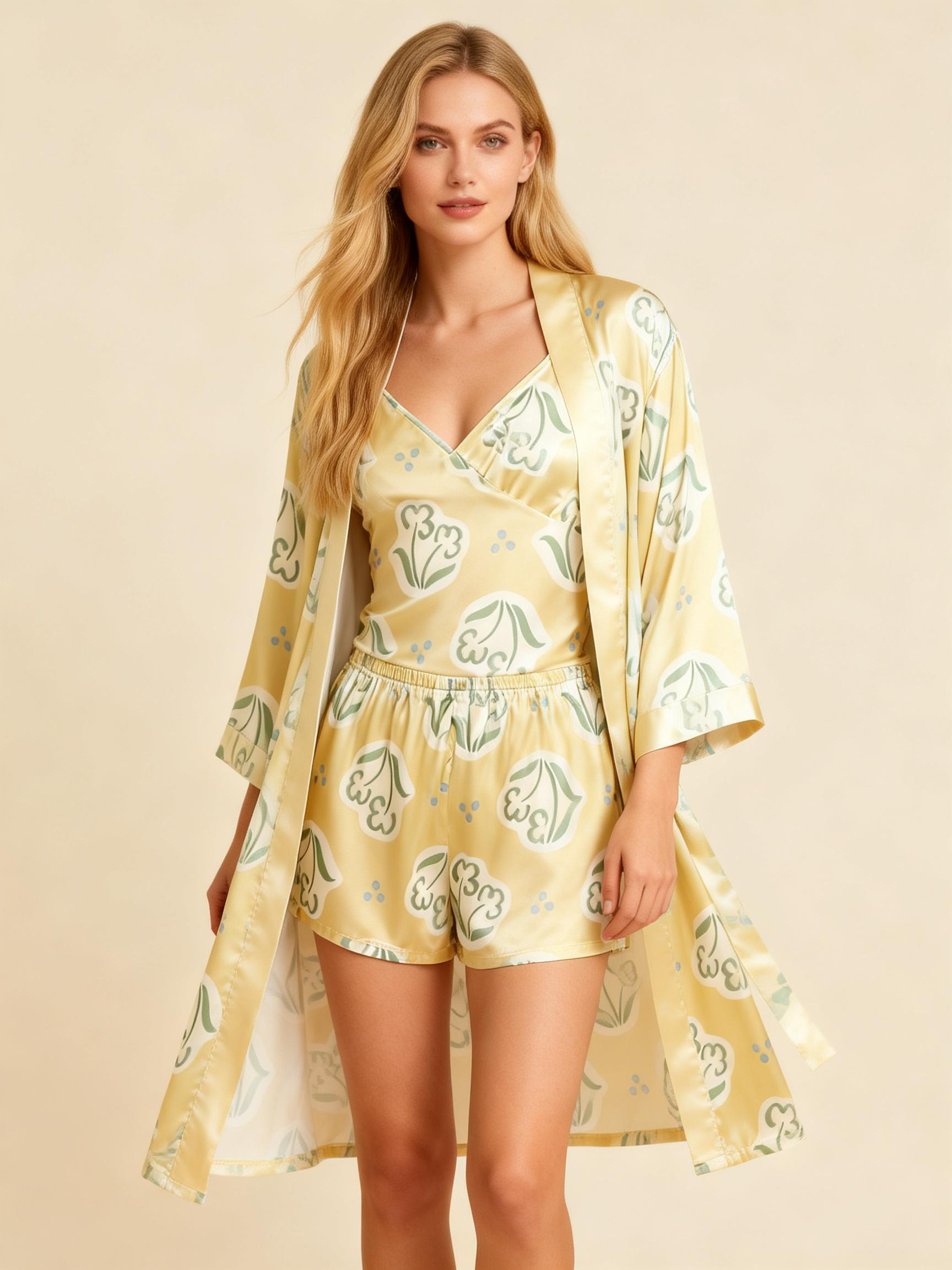 Printed Satin Sleep Set - 3 Pieces Women's Pajamas