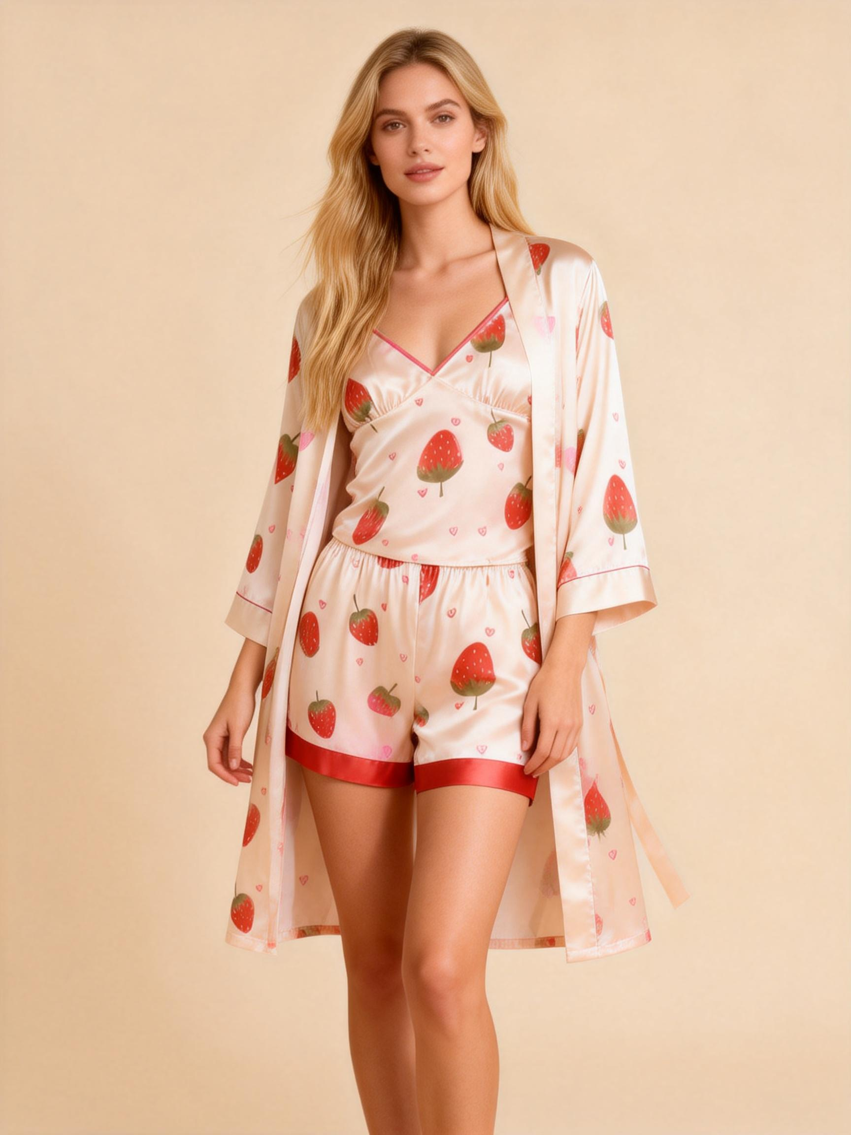 Women's Premium Satin Sleep Set Featuring Strawberry Design