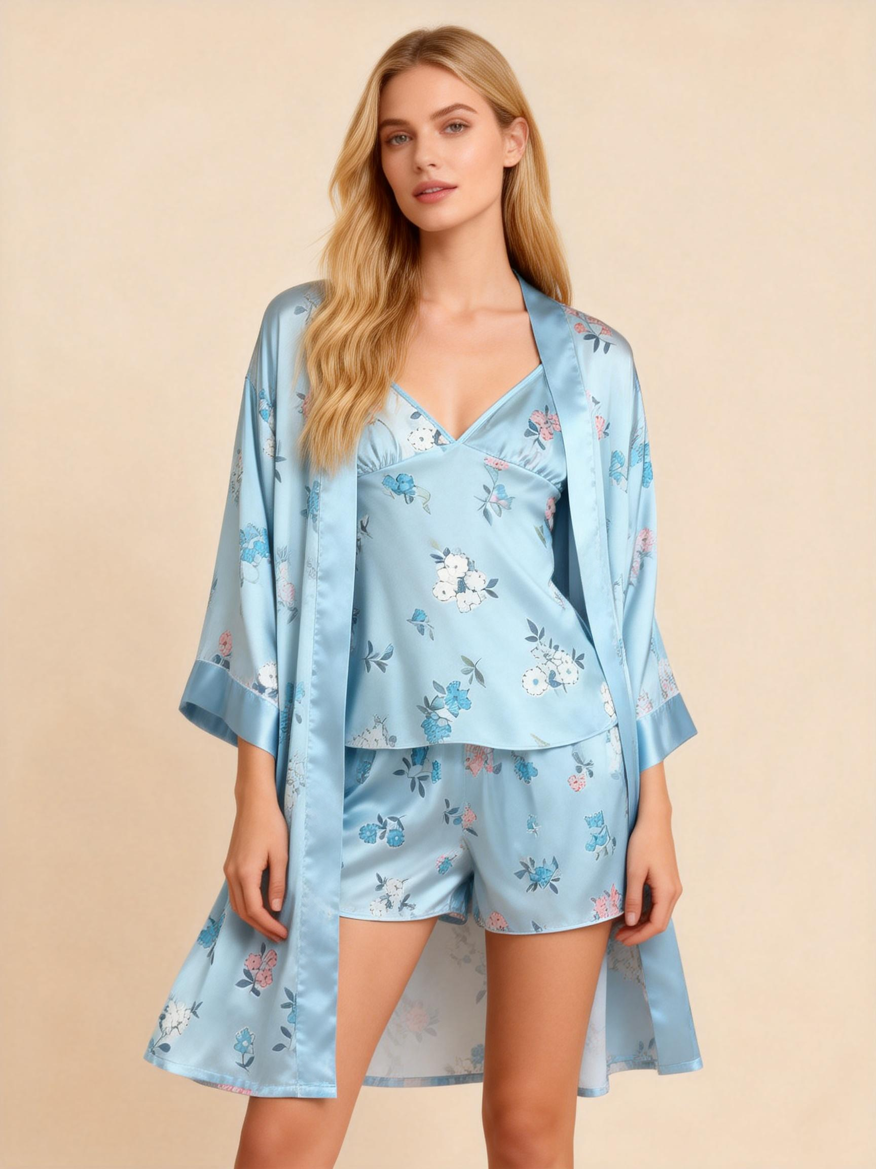 Elegant Blue Satin Loungewear Trio with Tiny Florals Print