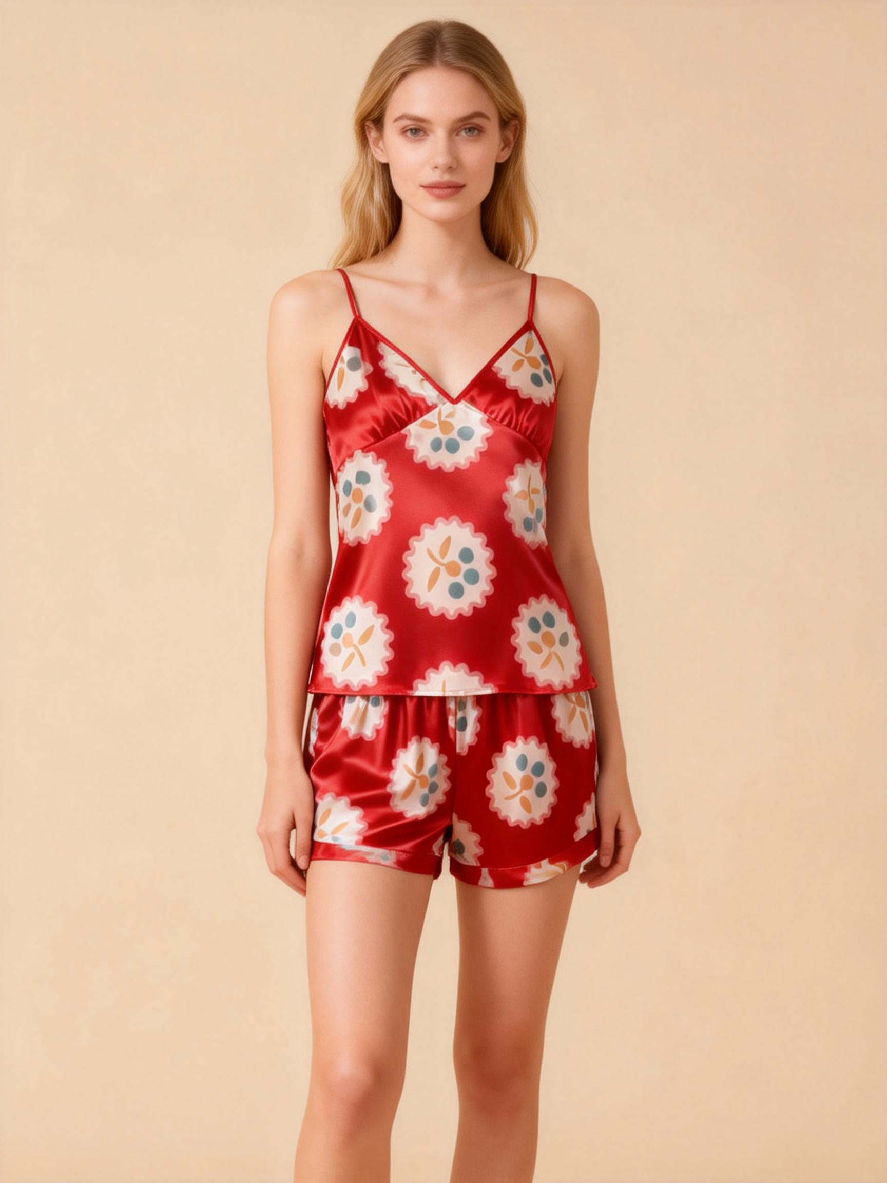 Elegant Satin Red Loungewear Trio in Romantic Style