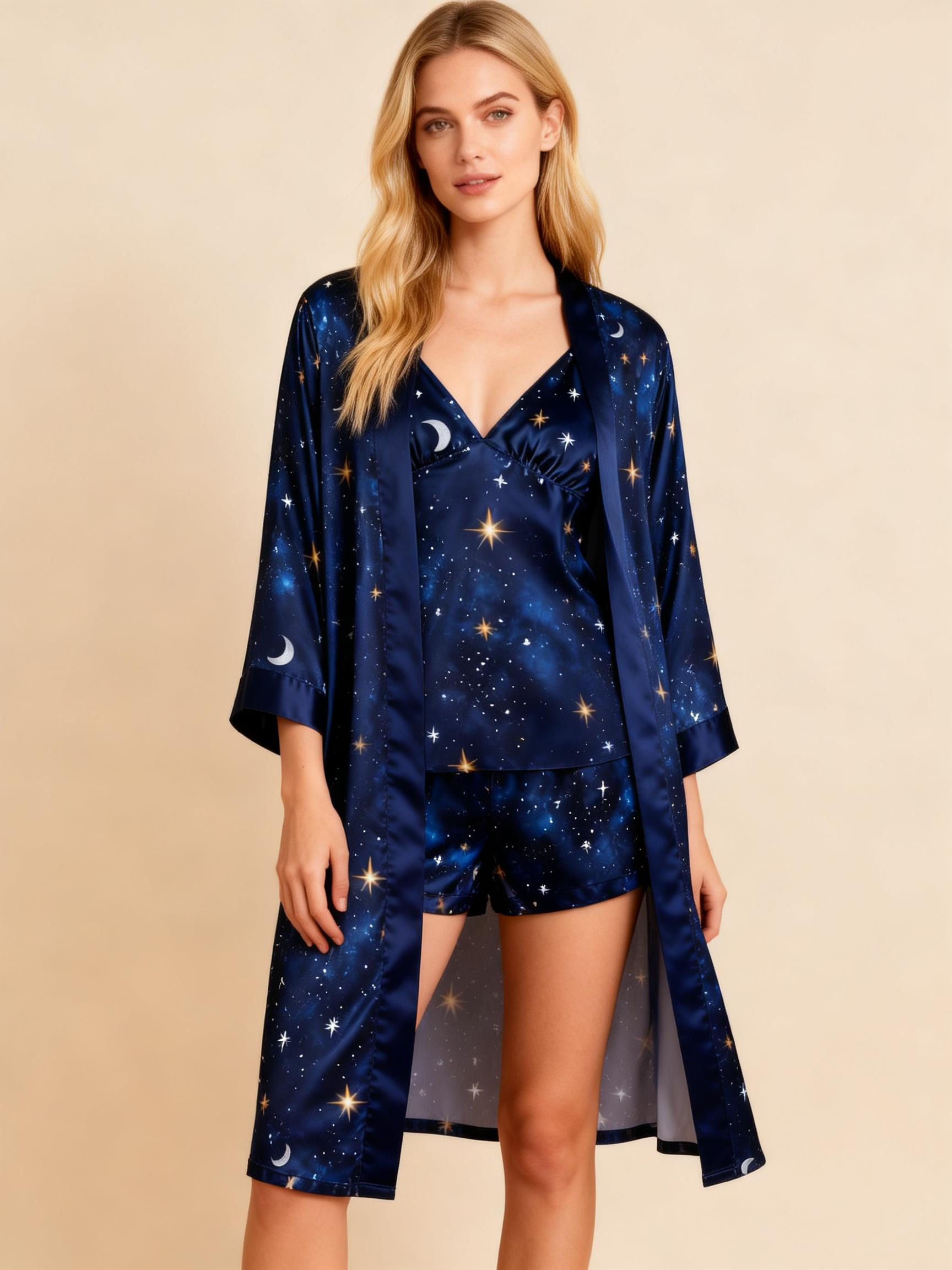 Elegant Satin Loungewear Trio with Night Sky Design