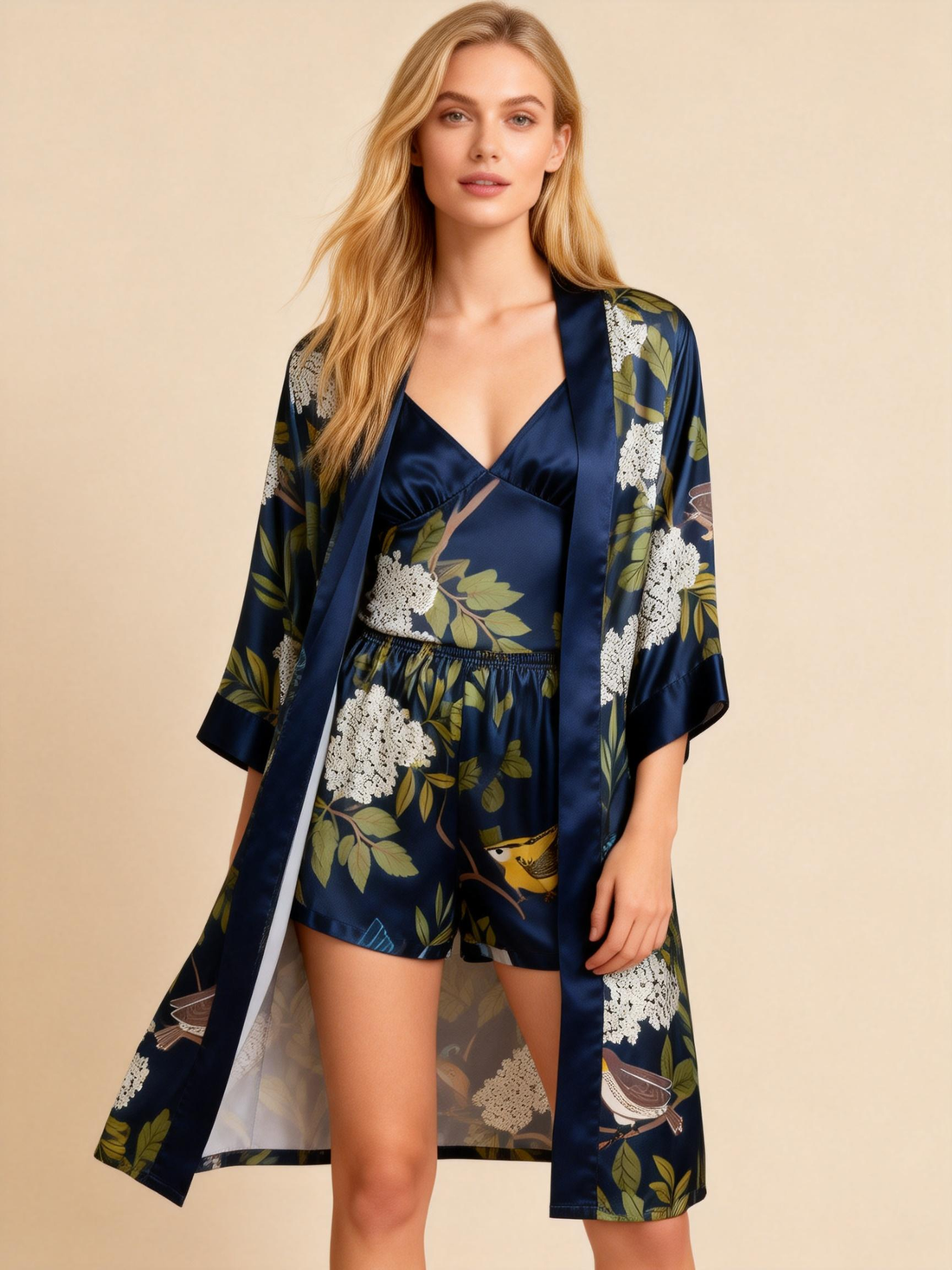 Elegant Satin Loungewear Trio with Florals & Birds Design
