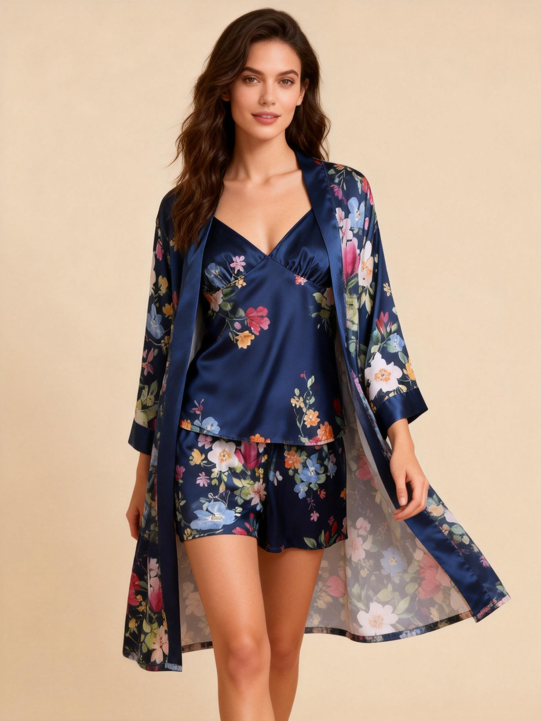Chic Satin 3-Piece Pajama Set Featuring Elegant Floral Designs
