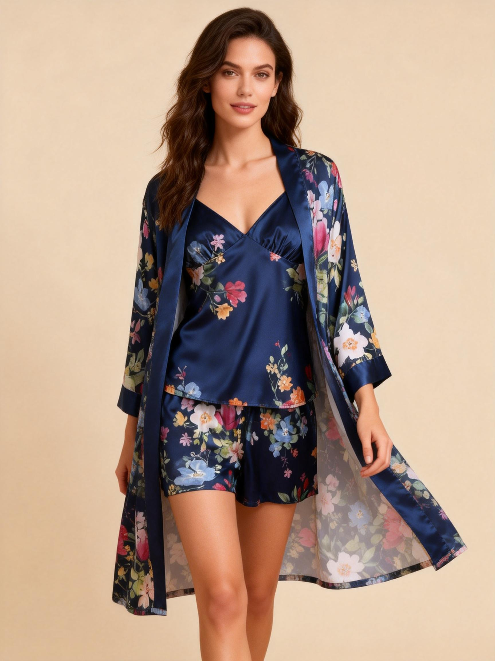 Chic Satin 3-Piece Pajama Set Featuring Elegant Floral Designs