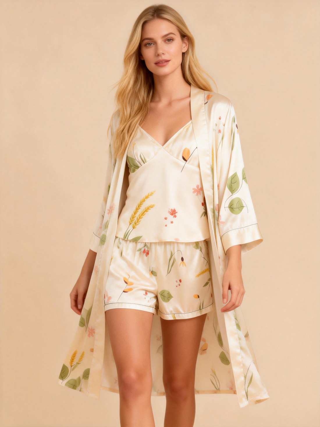 Elegant Satin 3-Piece Loungewear Set with Botanical Design
